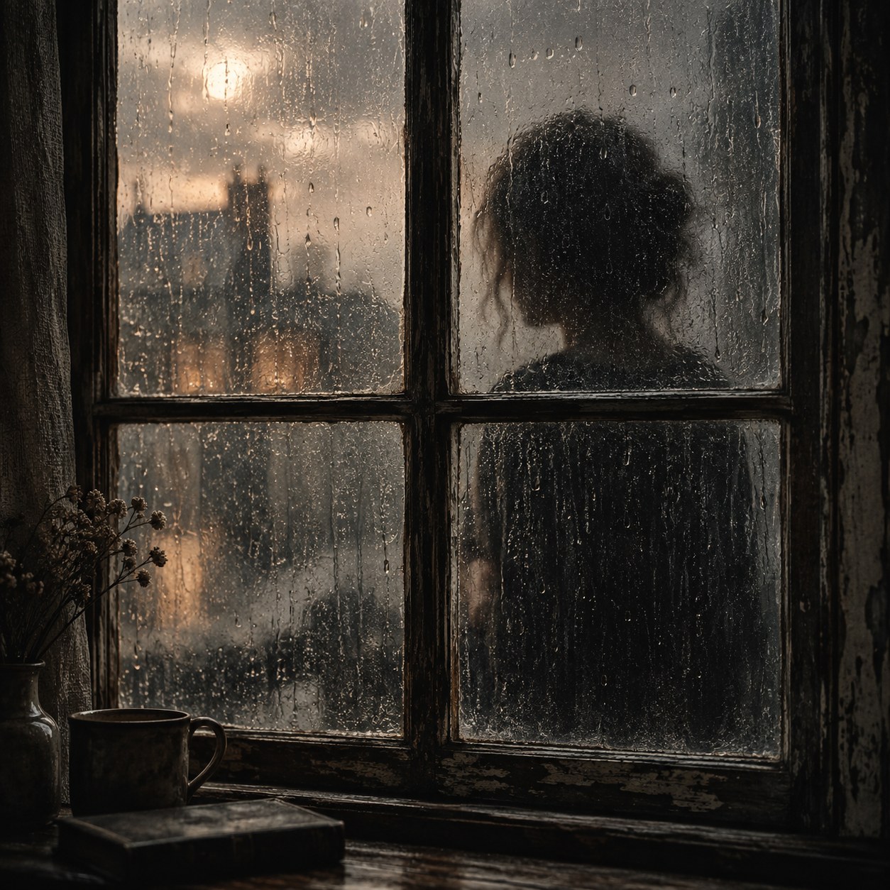 A distant silhouette seen through a rain-streaked window